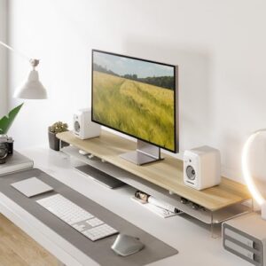 Here is the optimized SEO meta description:

"Elevate your workspace with the Fenge Acrylic Monitor Stand Riser, featuring dual monitor capacity and metal storage for 42.5-inch screens. Perfect for desks, laptops, printers, or TVs - up to 50% off with select coupons"