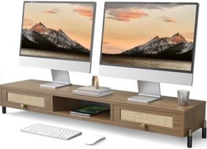 Here is the generated meta description:

"Boost your workspace with Fenge's Dual Monitor Stand featuring a wooden riser and rattan woven drawer. Perfect for 2 monitors, laptops, printers, or TVs. Compact design for clutter-free desks."