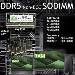 Upgrade your laptop performance with NEMIX RAM, featuring 64GB (2x32GB) DDR5 memory, 5200MHz speed, and 262-pin design. Perfect for demanding tasks, this kit is a great value without sacrificing quality.
