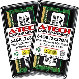 Upgrade your laptop's performance with A-Tech 64GB DDR4 SODIMM memory modules, offering 2x32GB of fast PC4-25600 (3200MHz) and CL22 timings. Perfect for gaming, video editing, or heavy multitasking. Get the best value deals on this reliable RAM upgrade.