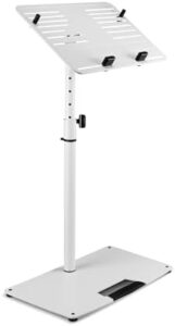 Elevate your workspace with the Gravity Stands LTS T 02 W universal laptop stand, featuring adjustable holding pins and a sturdy steel base. Perfect for ergonomic working, compact design fits most laptops.