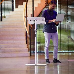 Elevate your workspace with the Gravity Stands LTS T 02 W universal laptop stand, featuring adjustable holding pins and a sturdy steel base. Perfect for ergonomic working, compact design fits most laptops.