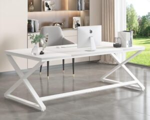 Discover the perfect home office desk! LVB's modern white computer desk features a spacious surface and sturdy wood-metal frame. Ideal for writing, studying or gaming with 2 monitors.