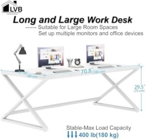 Discover the perfect home office desk! LVB's modern white computer desk features a spacious surface and sturdy wood-metal frame. Ideal for writing, studying or gaming with 2 monitors.