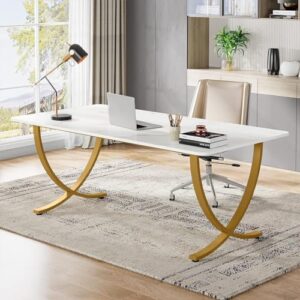 Here is the optimized SEO meta description:

Elevate your home office with Tribesigns' modern executive desk featuring a white and gold design, perfect for meetings or working from home, dimensions 160W x 80D cm.